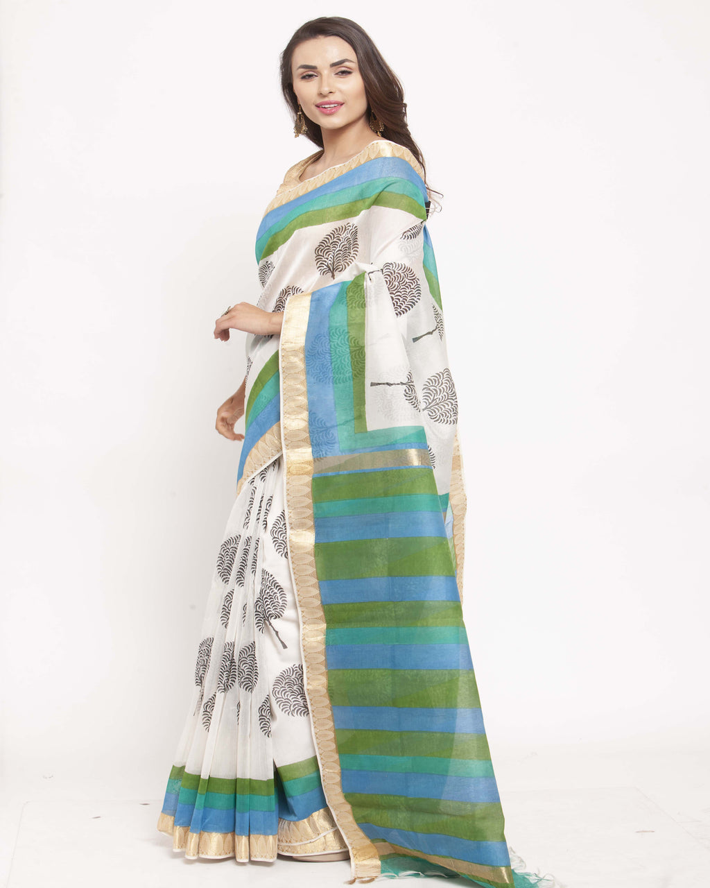 Off White Hand Block Printed Bagru Cotton Sustainable Saree