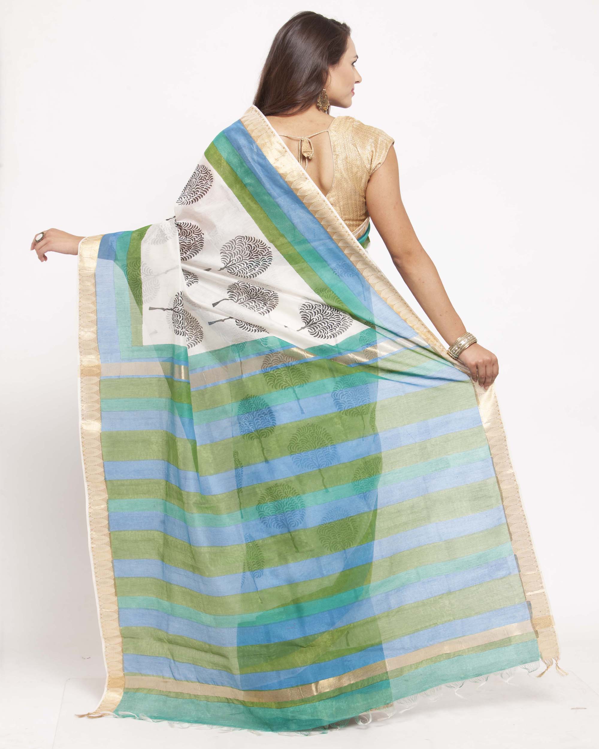 Off White Hand Block Printed Bagru Cotton Sustainable Saree