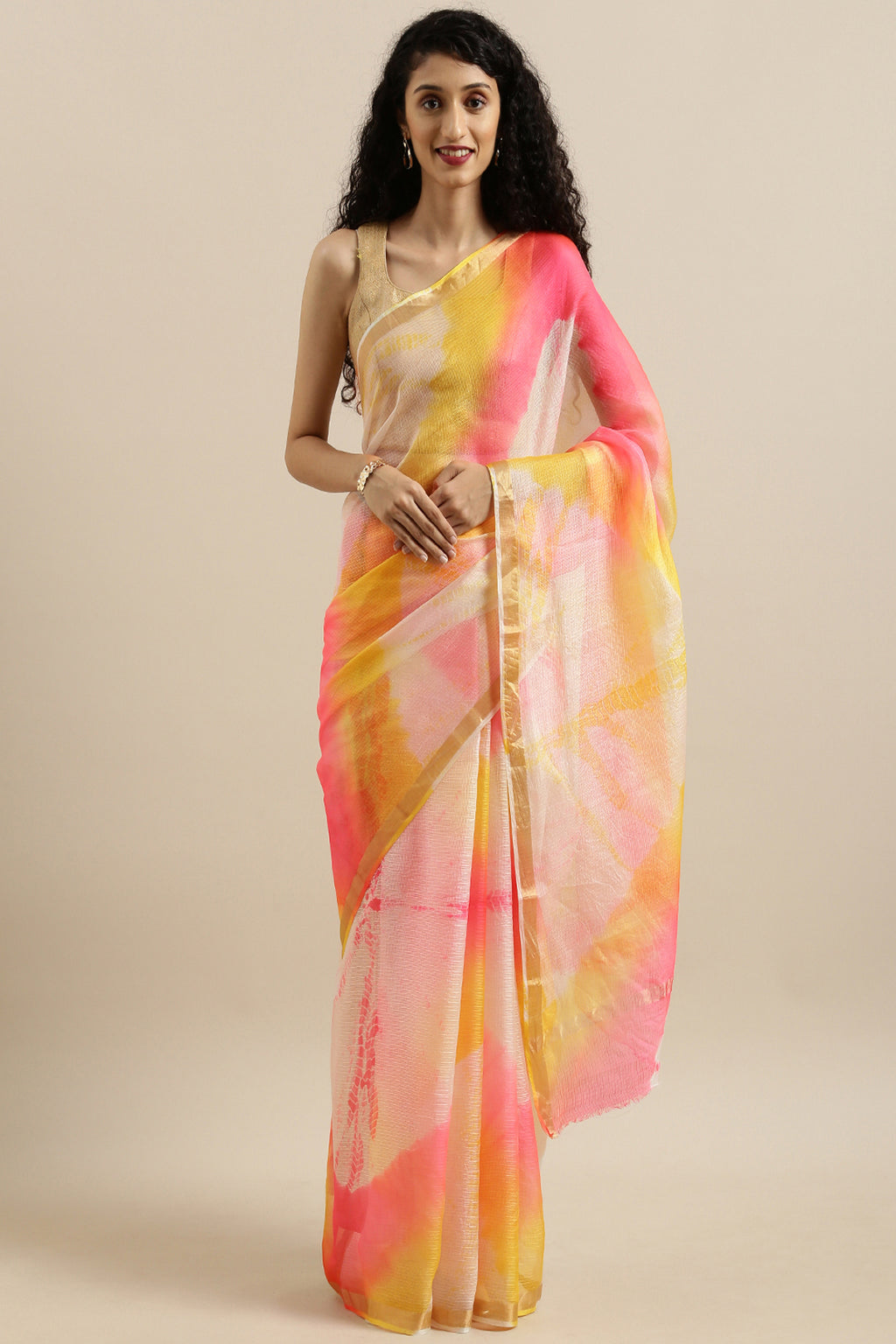 Masoom  Minawala In Pink Yellow Handcrafted Pure Kota Silk Shibori Saree