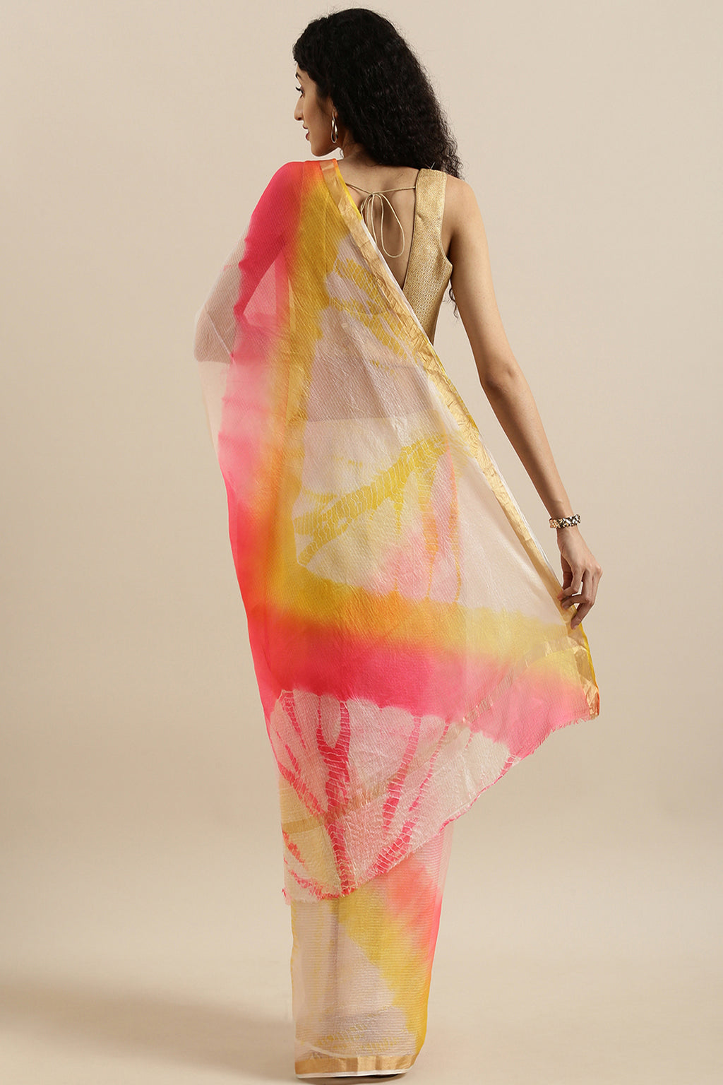 Masoom  Minawala In Pink Yellow Handcrafted Pure Kota Silk Shibori Saree