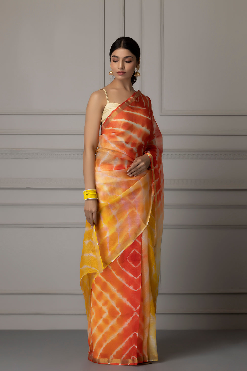 Yellow And Orange Handcrafted Pure Kota Silk Leheriya Saree