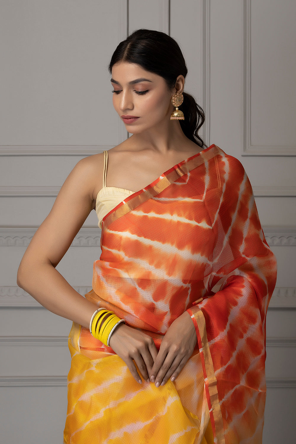 Yellow And Orange Handcrafted Pure Kota Silk Leheriya Saree