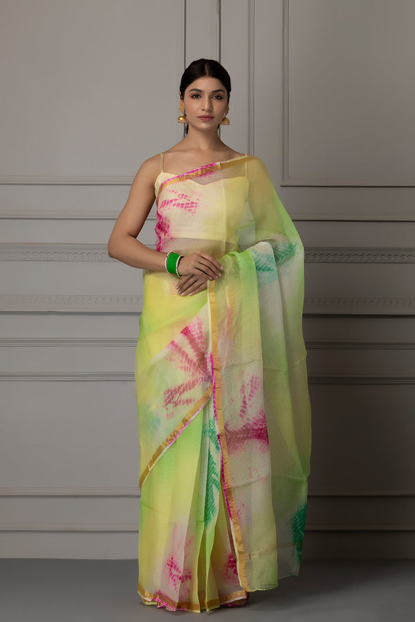 Multi-Color Handcrafted Pure Kota Silk Shibori Bandhani Saree