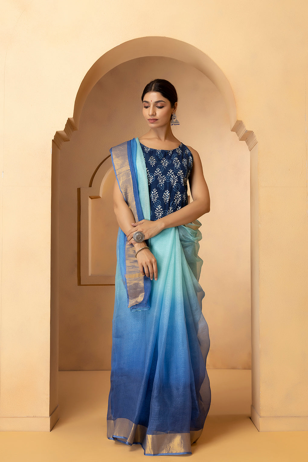 Blue Ombre Shaded Kota Doria Silk Saree