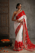 White-Red Chiffon Holi Saree With Zari & Kardana Work