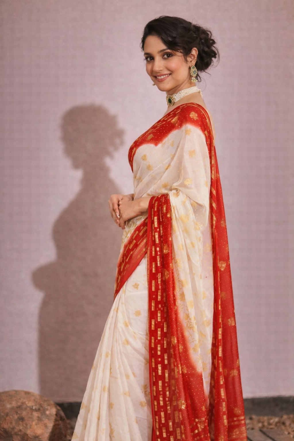 White-Red Georgette Holi Saree with Red Border & Swarovski Work