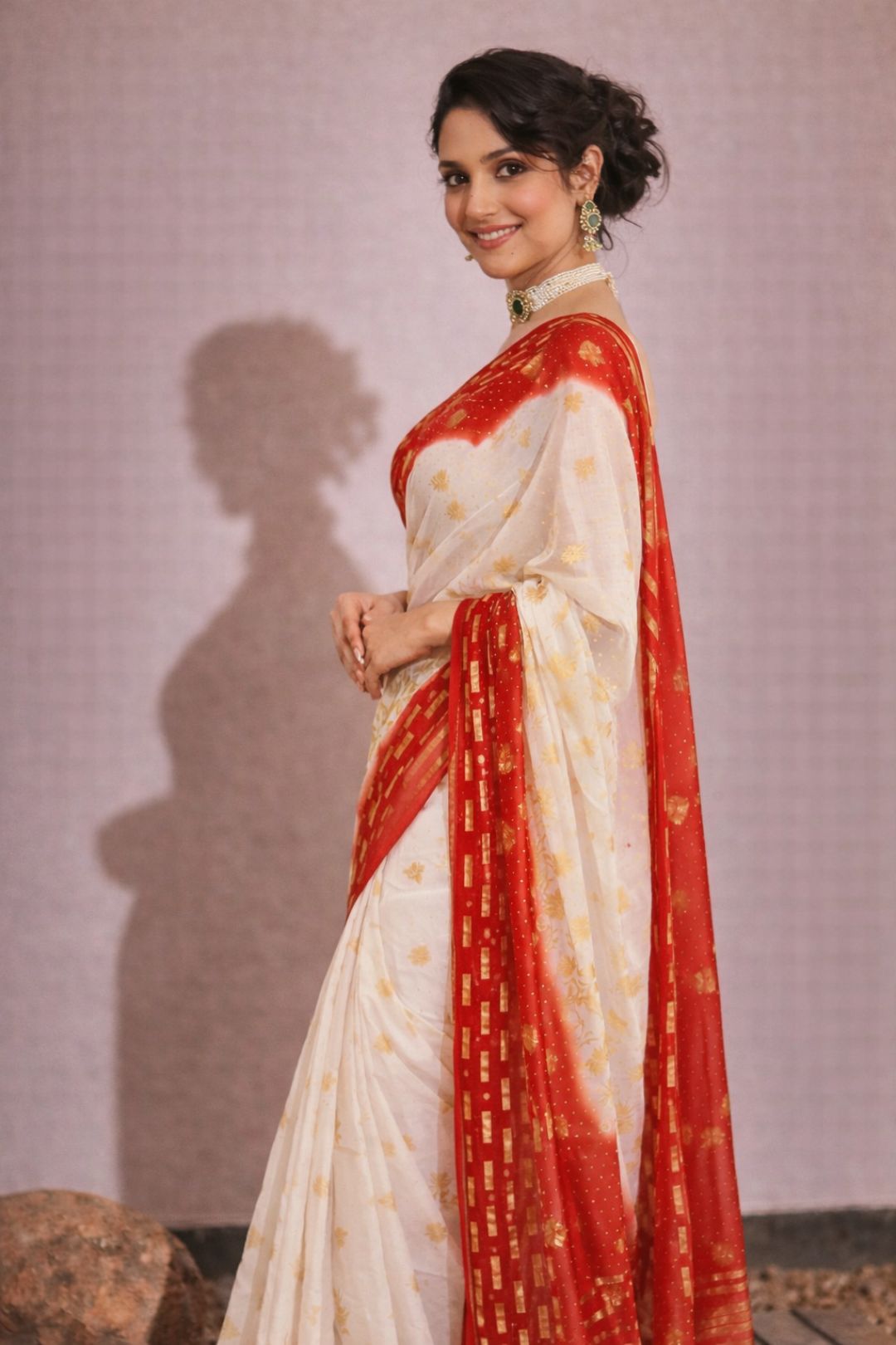 White-Red Georgette Holi Saree with Red Border & Swarovski Work