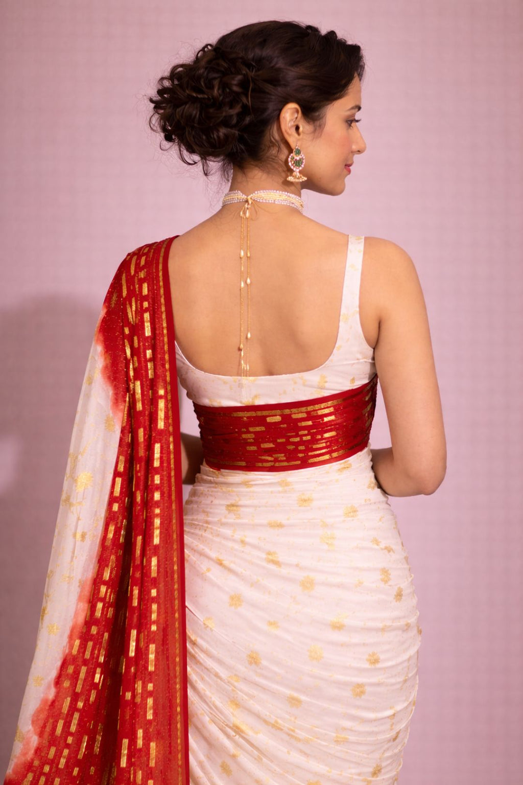 White-Red Georgette Holi Saree with Red Border & Swarovski Work