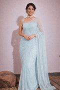 Light Blue Georgette Tubelight Jaal Work Saree
