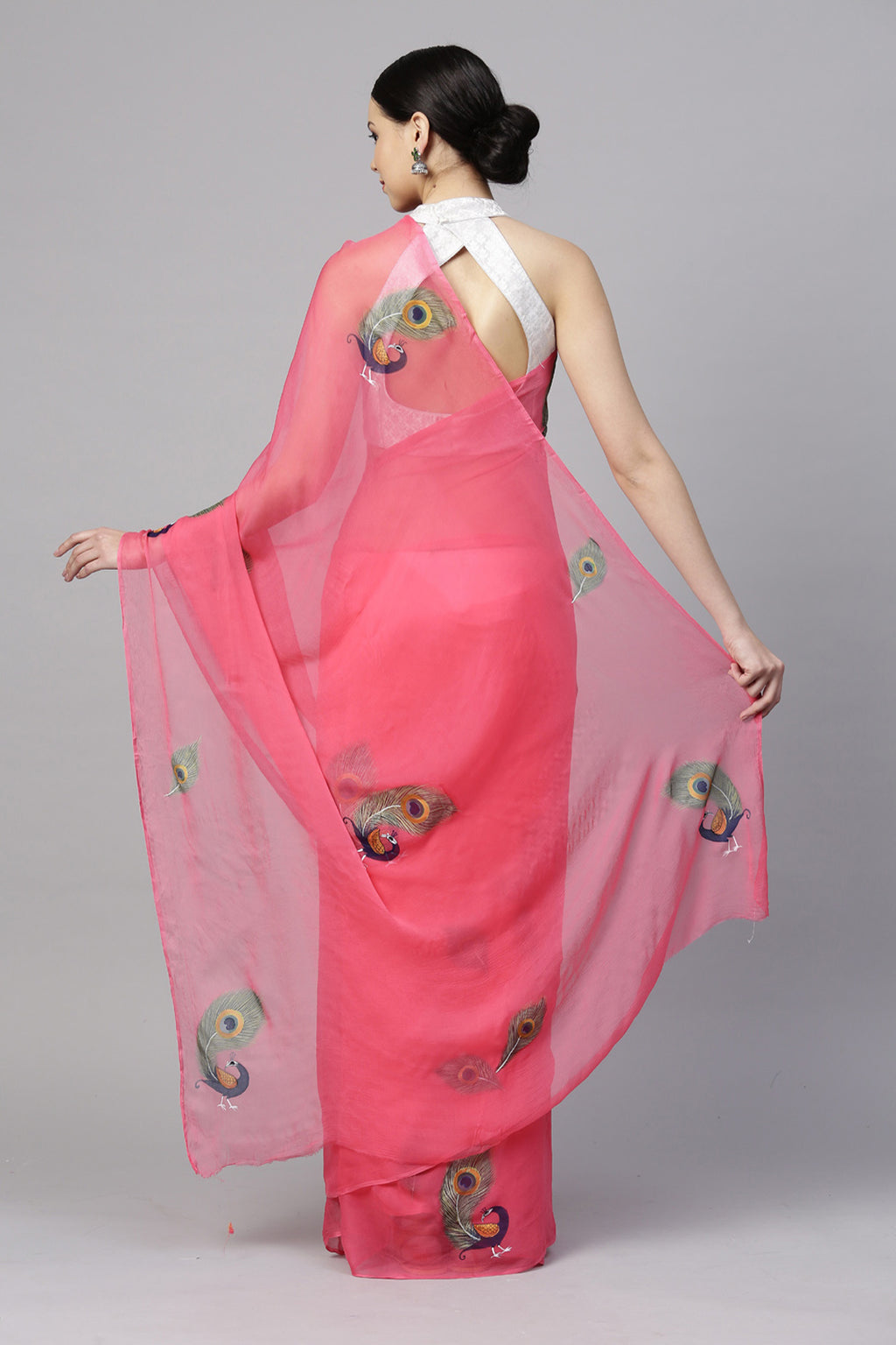 Pink Hand Painted Floral Chiffon Saree