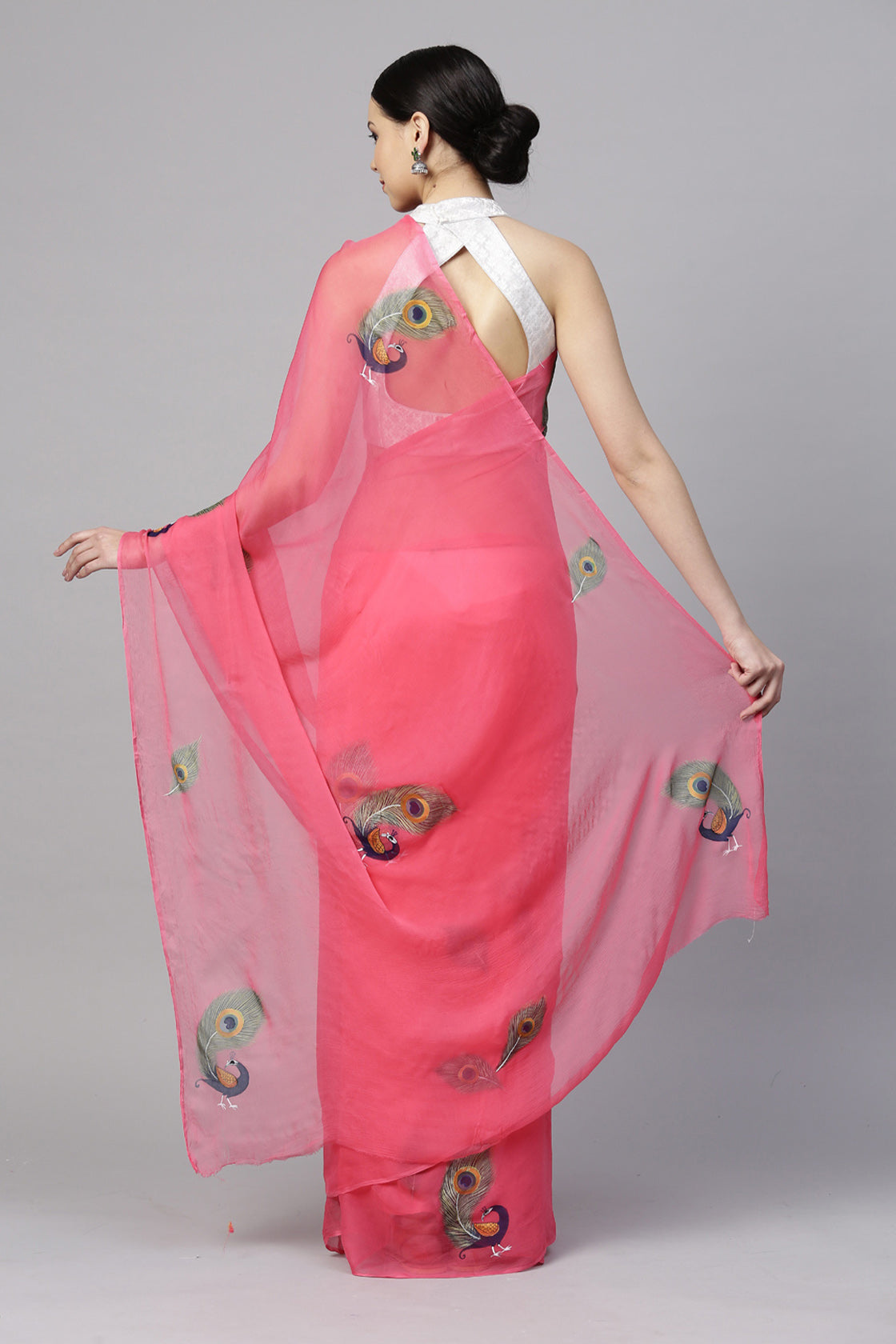 Pink Hand Painted Floral Chiffon Saree