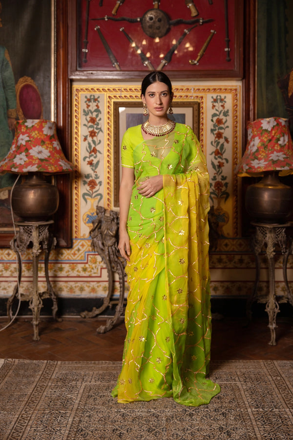 Shaded Green Handcrafted Gota Patti Jaal Saree