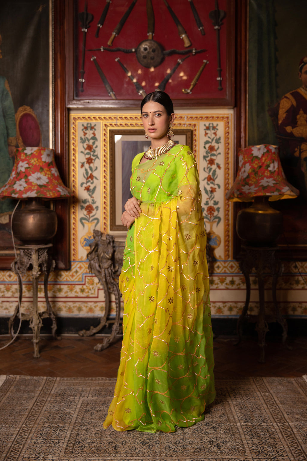 Green Shaded Gota Patti Work Chiffon Saree