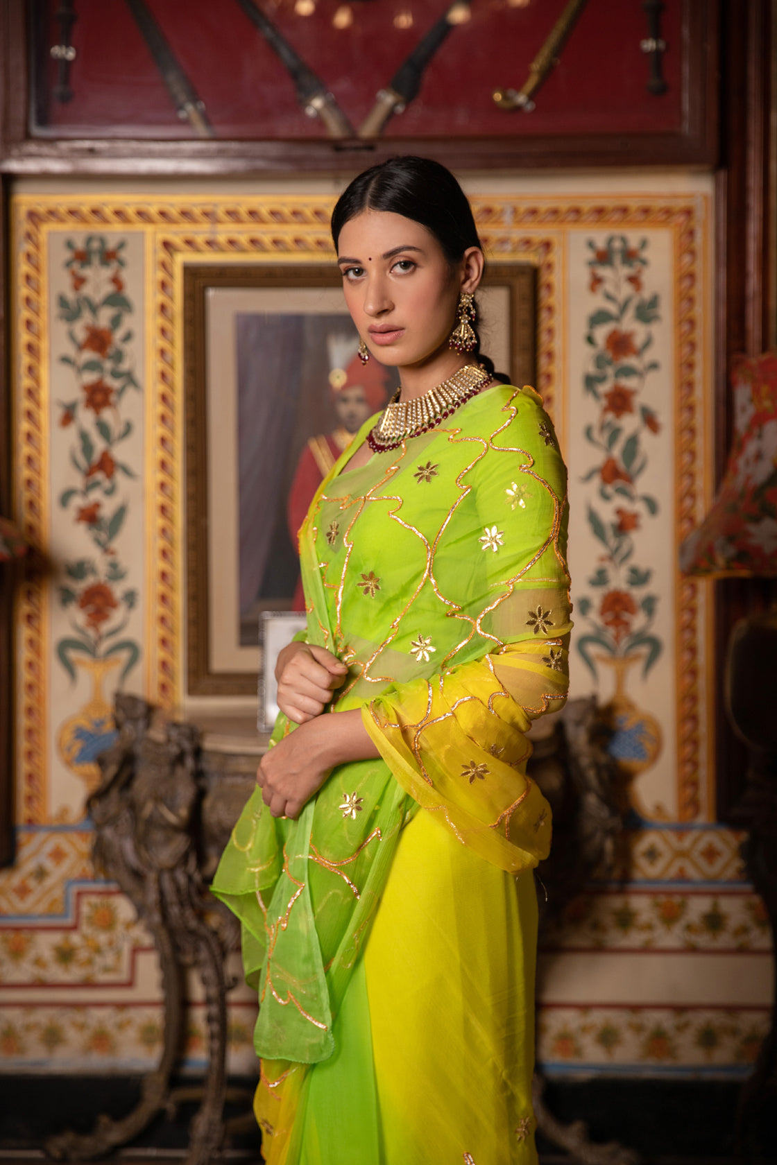 Green Shaded Gota Patti Work Chiffon Saree