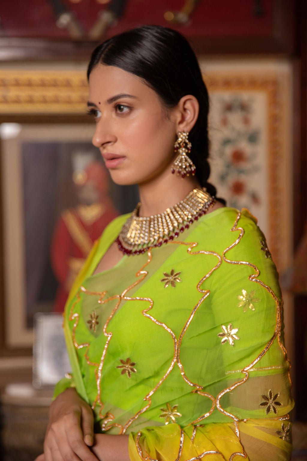 Green Shaded Gota Patti Work Chiffon Saree