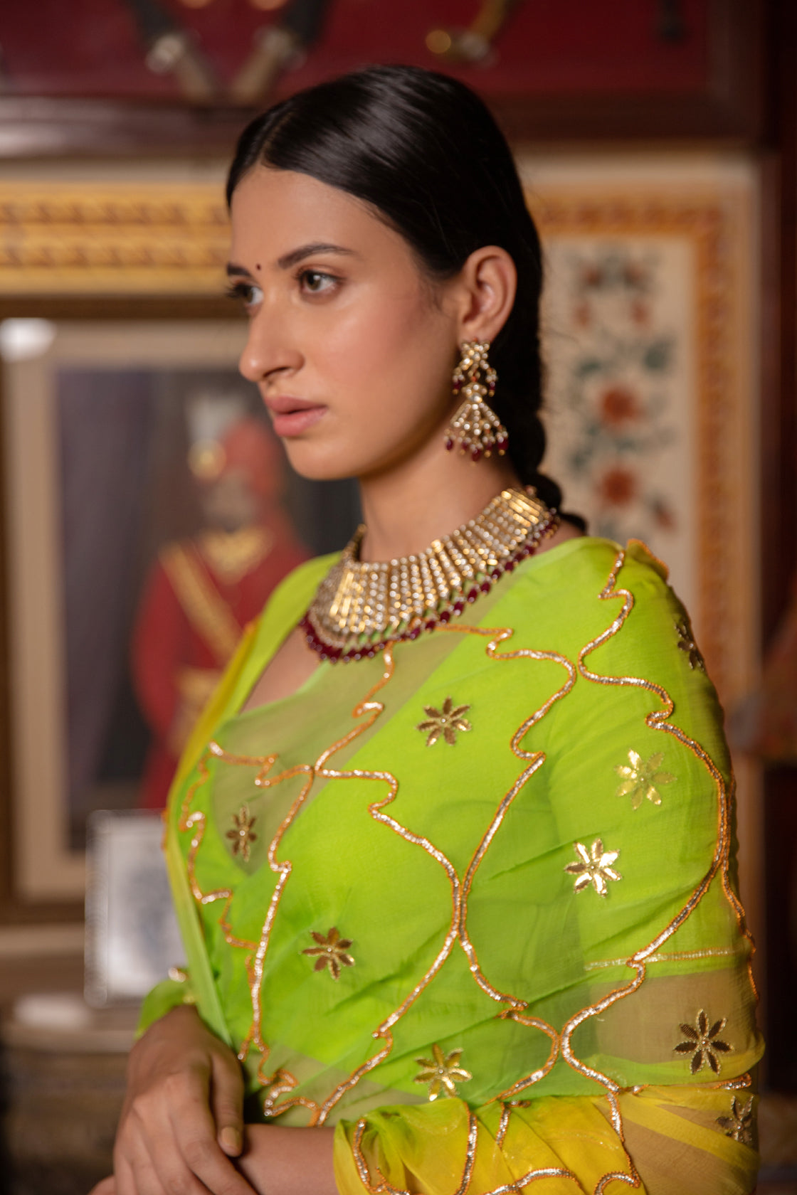 Green Shaded Gota Patti Work Chiffon Saree