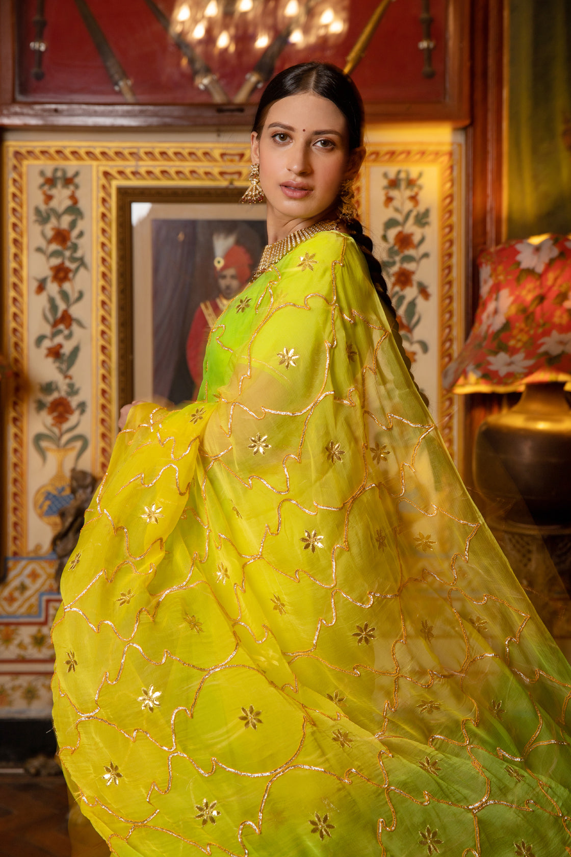 Green Shaded Gota Patti Work Chiffon Saree