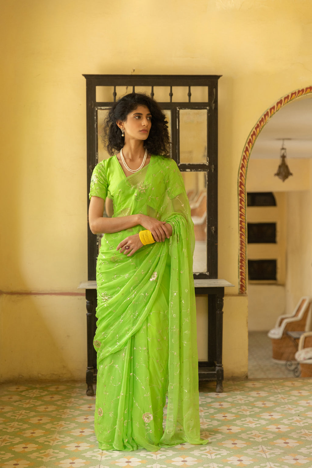 Green Aari Work Chiffon Saree