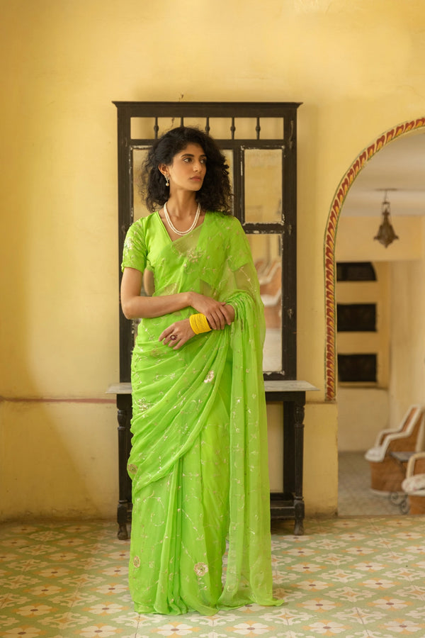 Green Hand Embroidered Aari Work Chiffon Saree