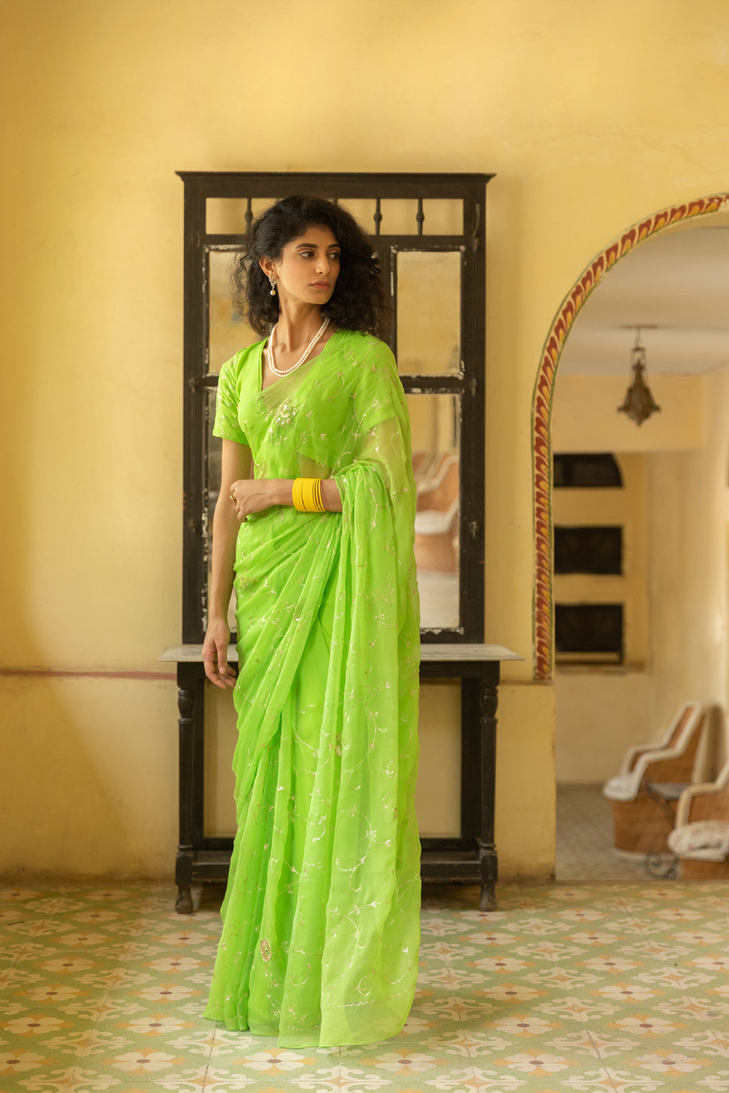 Green Aari Work Chiffon Saree