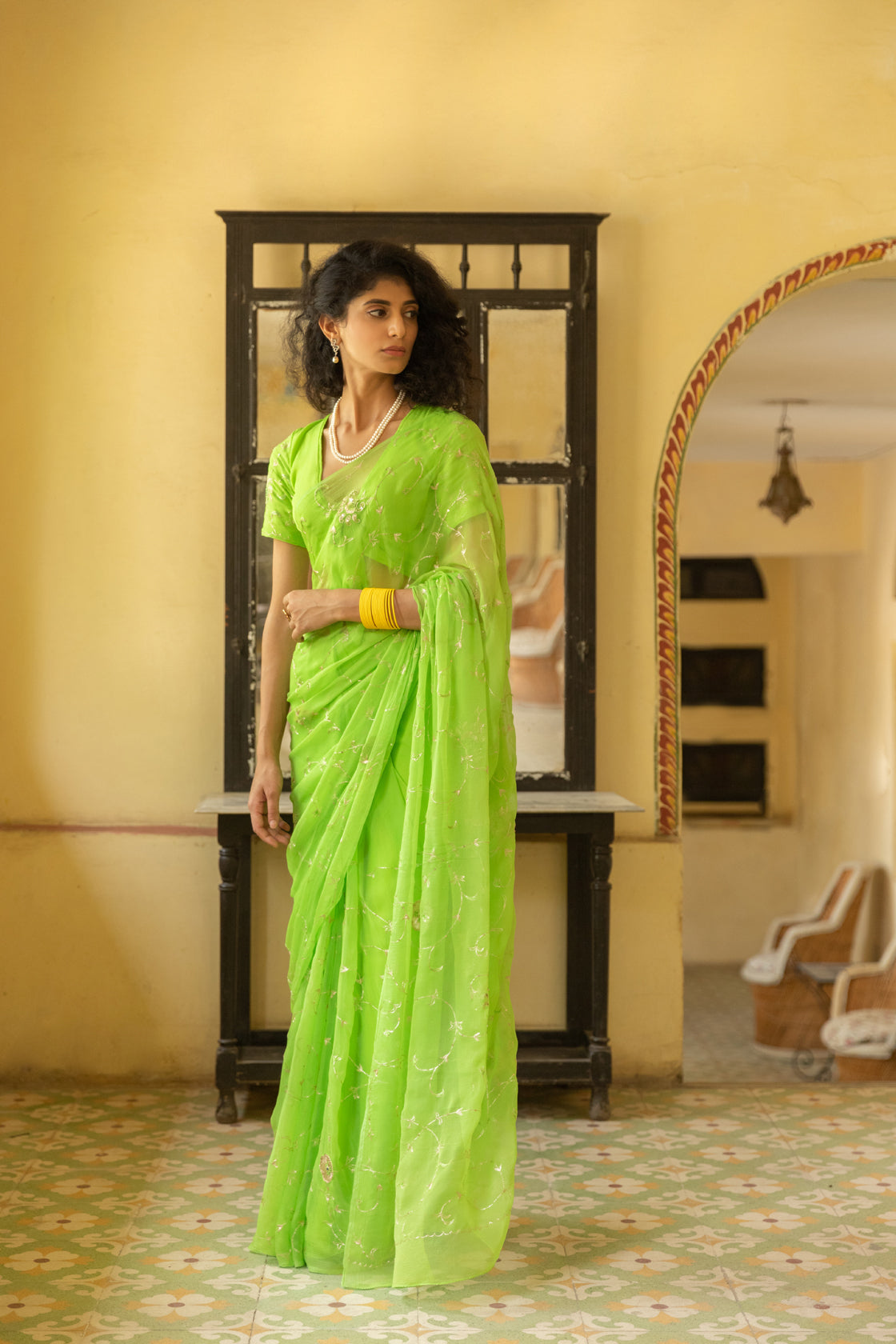 Green Aari Work Chiffon Saree