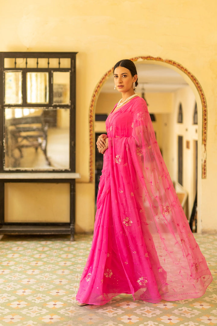 Pink Hand Embroidered Chiffon Saree