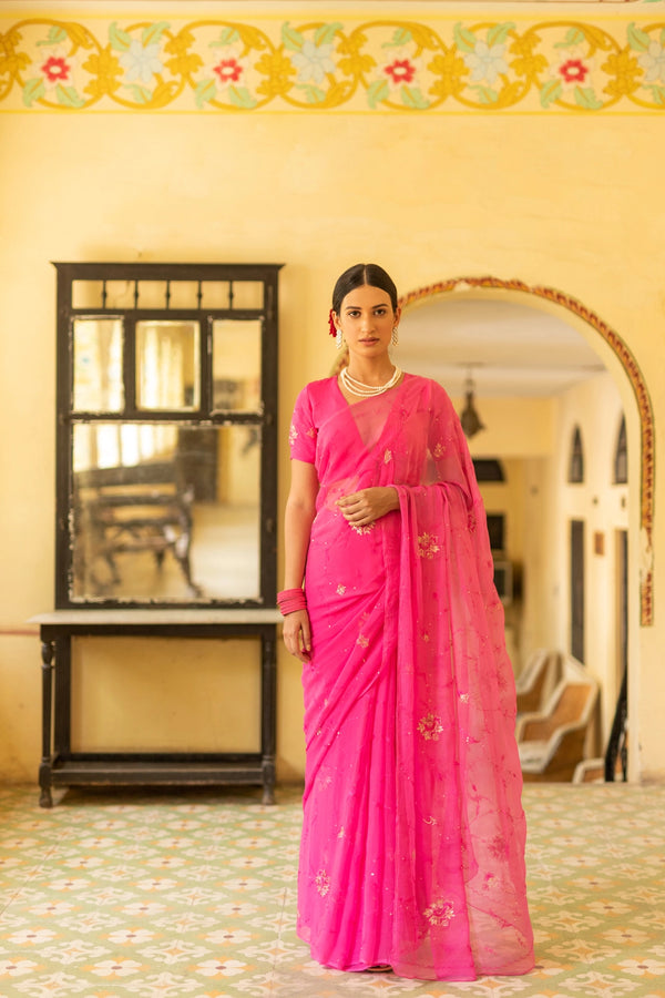 Pink Hand Embroidered Chiffon Saree
