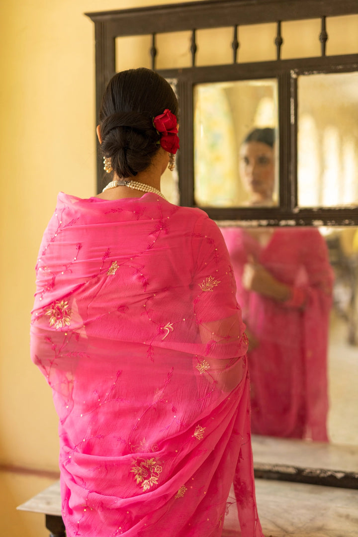 Pink Hand Embroidered Chiffon Saree