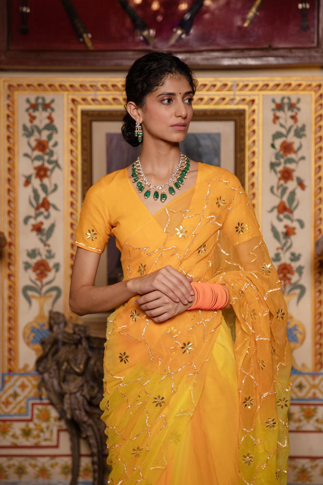 Yellow Shaded Hand Embroidered Gota Jaal Chiffon Saree