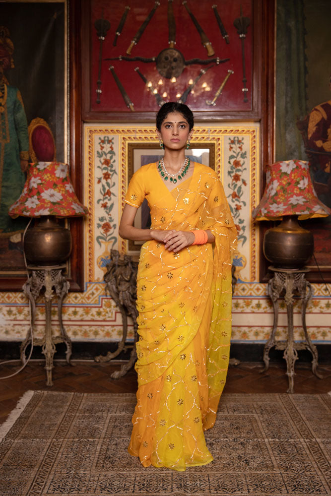 Yellow Shaded Hand Embroidered Gota Jaal Chiffon Saree