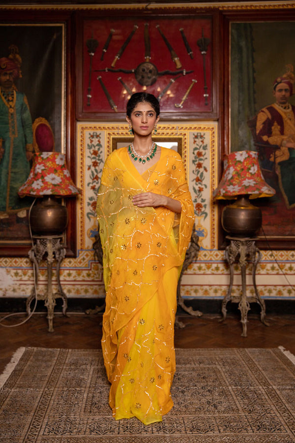 Yellow Shaded Hand Embroidered Gota Jaal Chiffon Saree