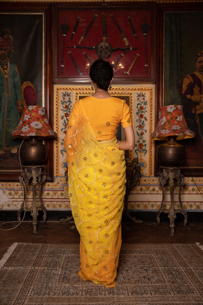 Yellow Shaded Hand Embroidered Gota Jaal Chiffon Saree