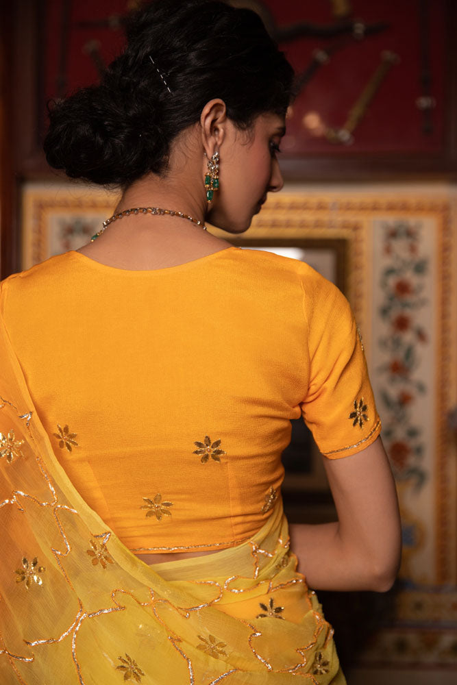 Yellow Shaded Hand Embroidered Gota Jaal Chiffon Saree