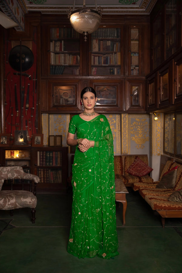 Dark Green Hand Embroidered Chiffon Saree