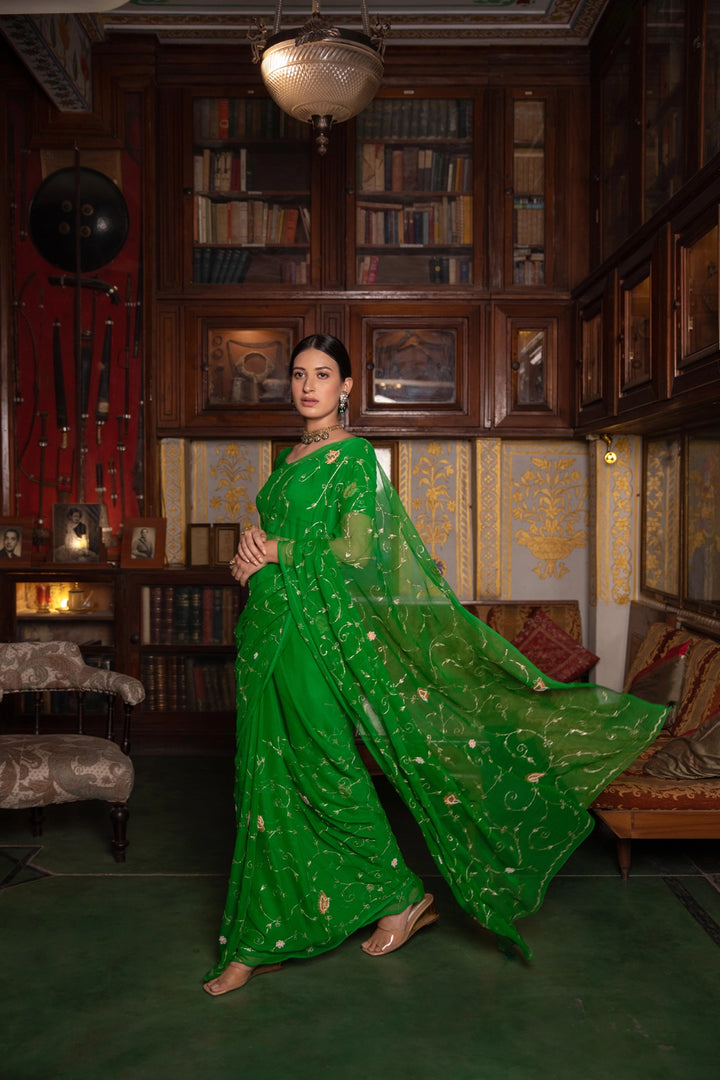 Dark Green Hand Embroidered Chiffon Saree