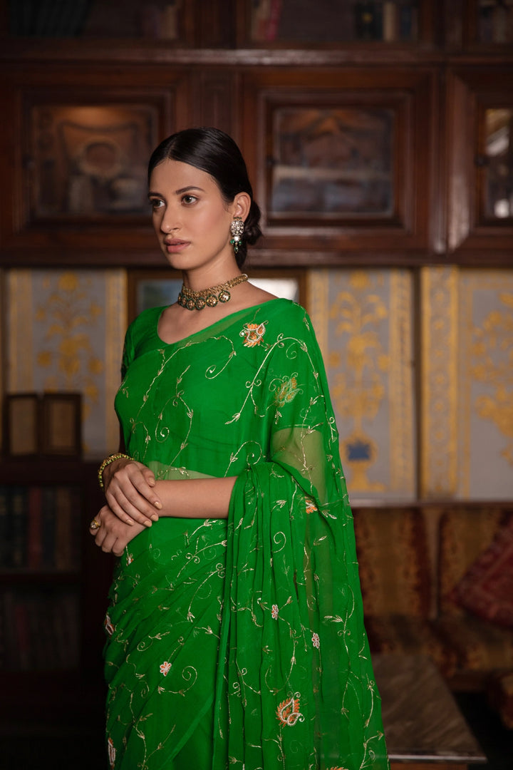 Dark Green Hand Embroidered Chiffon Saree