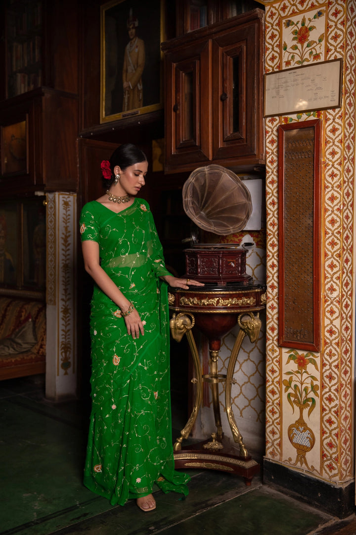 Dark Green Hand Embroidered Chiffon Saree