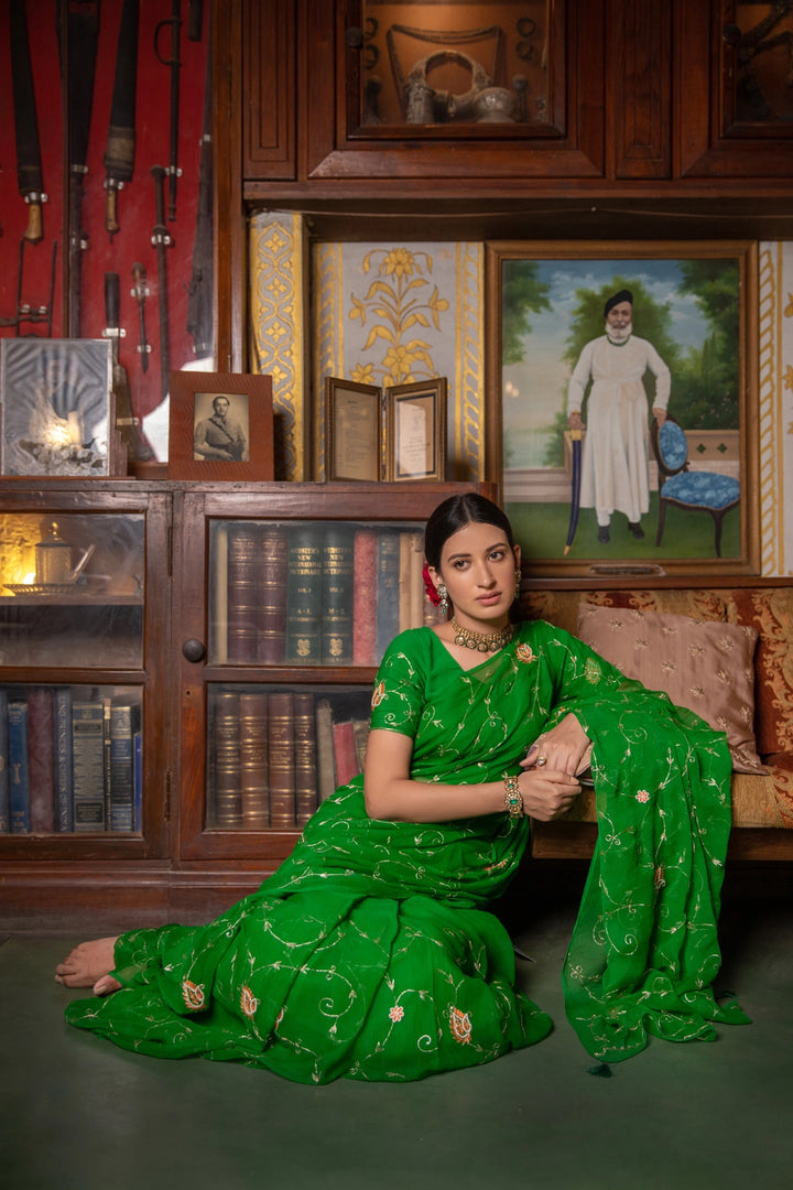 Dark Green Hand Embroidered Chiffon Saree