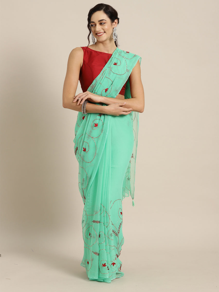Green Chiffon Embroidered Saree