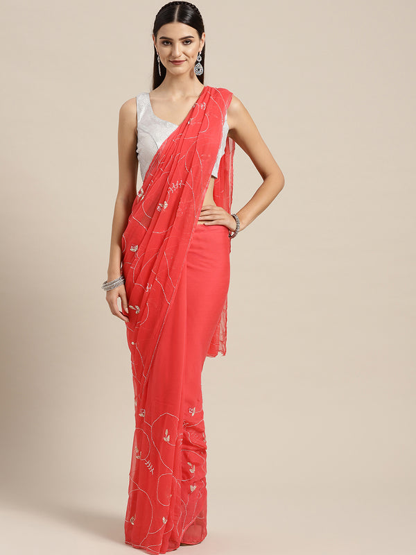 Handcrafted Coral Pink Embellished Art Chiffon Sustainable Saree