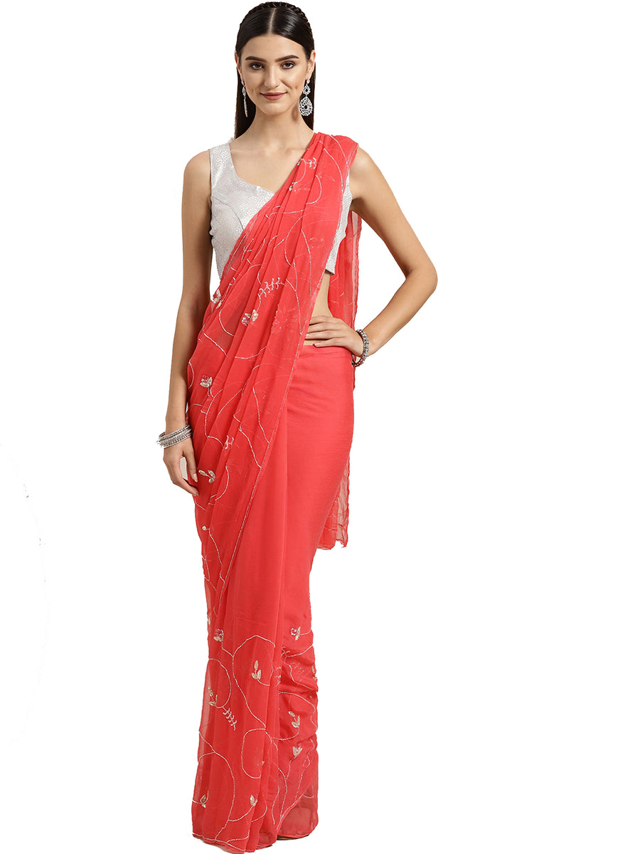 Coral Pink Handcrafted Embellished Art Chiffon Sustainable Saree