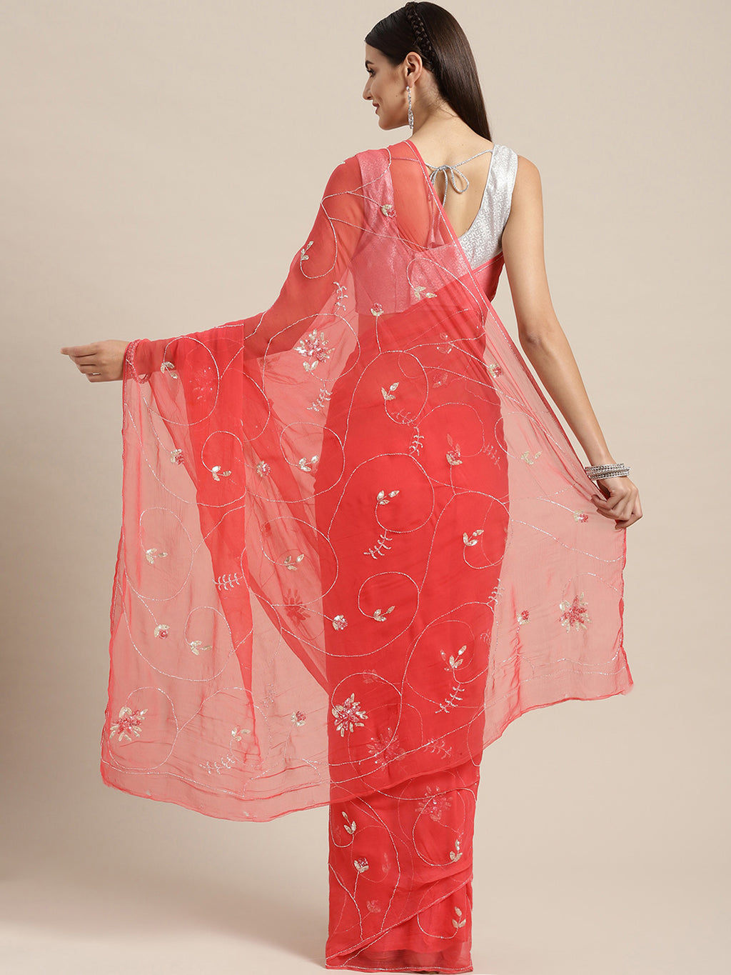 Coral Pink Handcrafted Embellished Art Chiffon Sustainable Saree