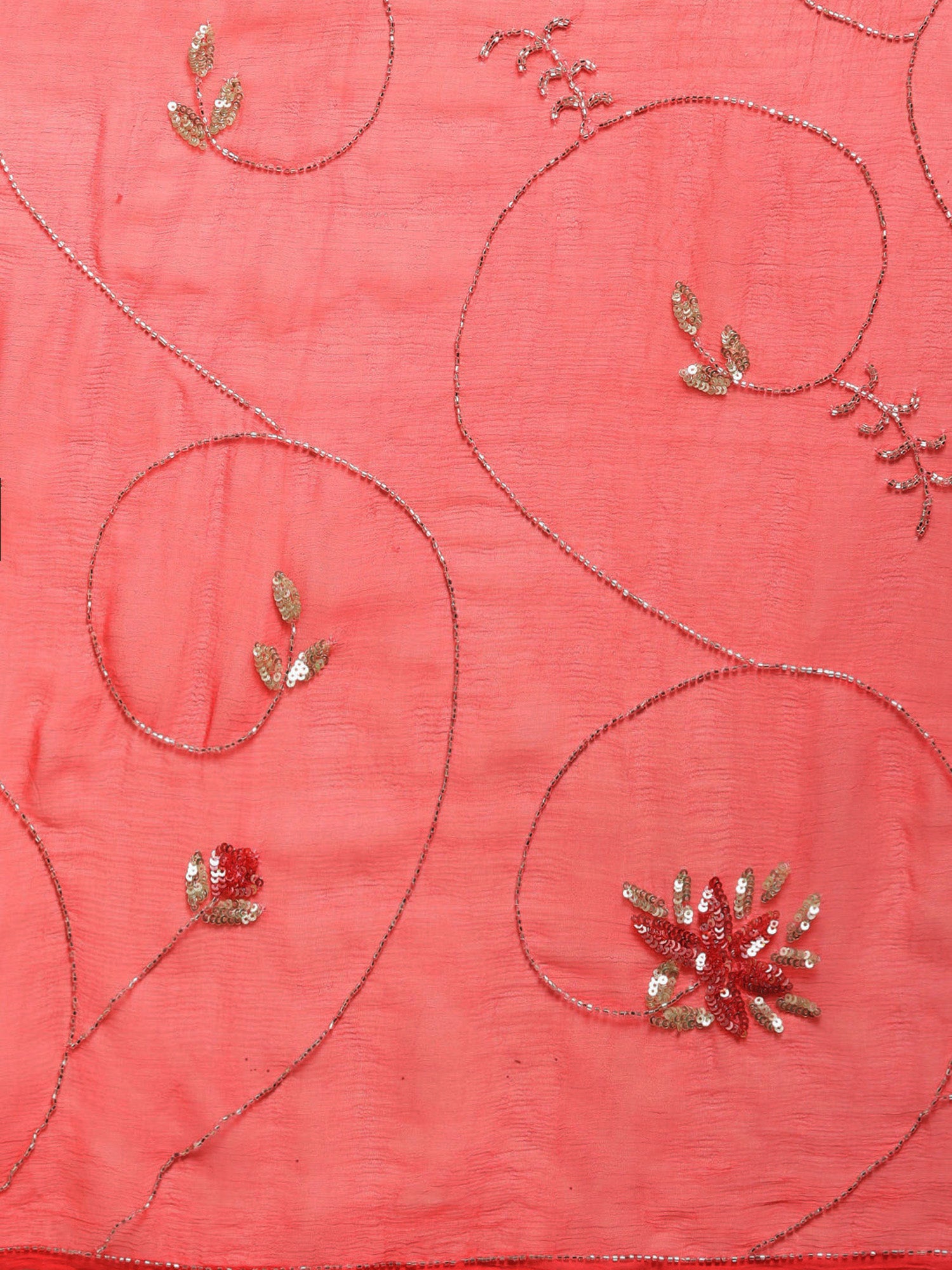 Coral Pink Handcrafted Embellished Art Chiffon Sustainable Saree