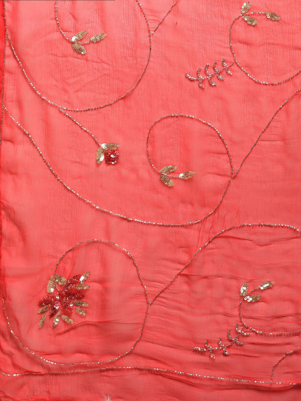Coral Pink Handcrafted Embellished Art Chiffon Sustainable Saree