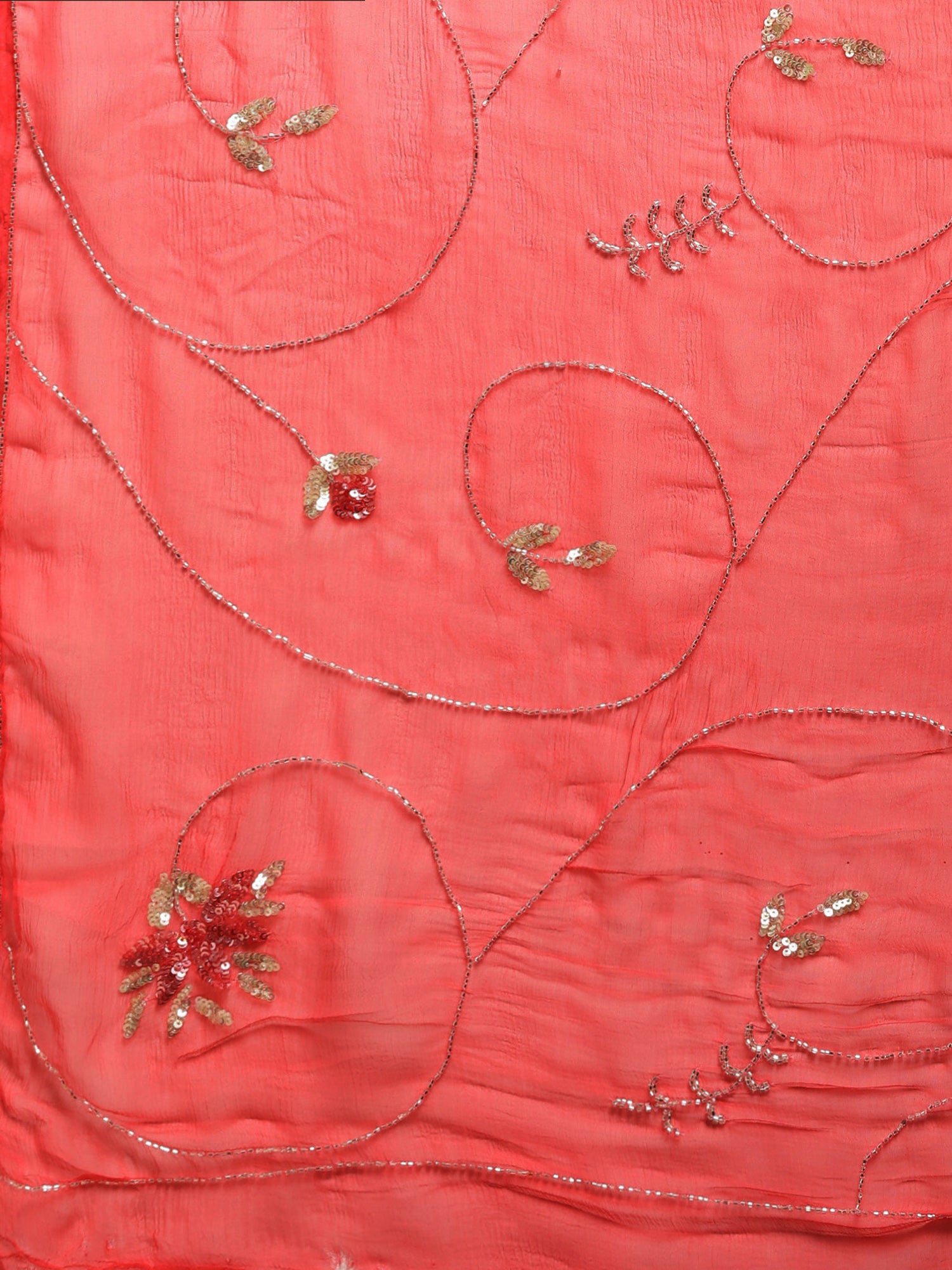 Coral Pink Handcrafted Embellished Art Chiffon Sustainable Saree