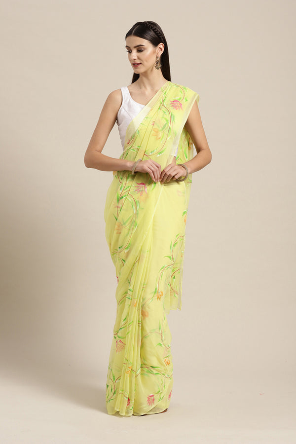 Yellow Hand Painted Floral Chiffon Sustainable Saree