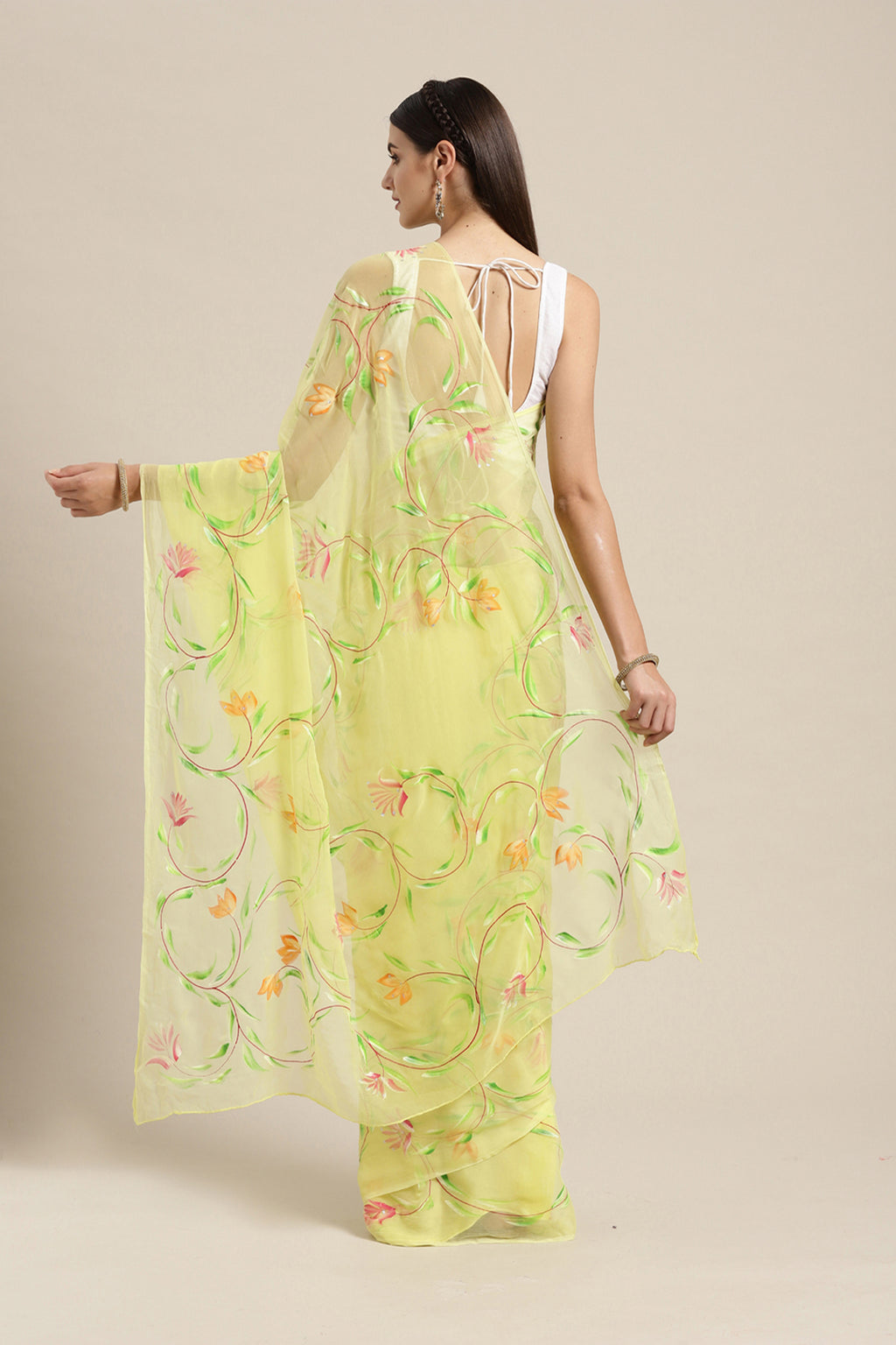 Yellow Hand Painted Chiffon Saree