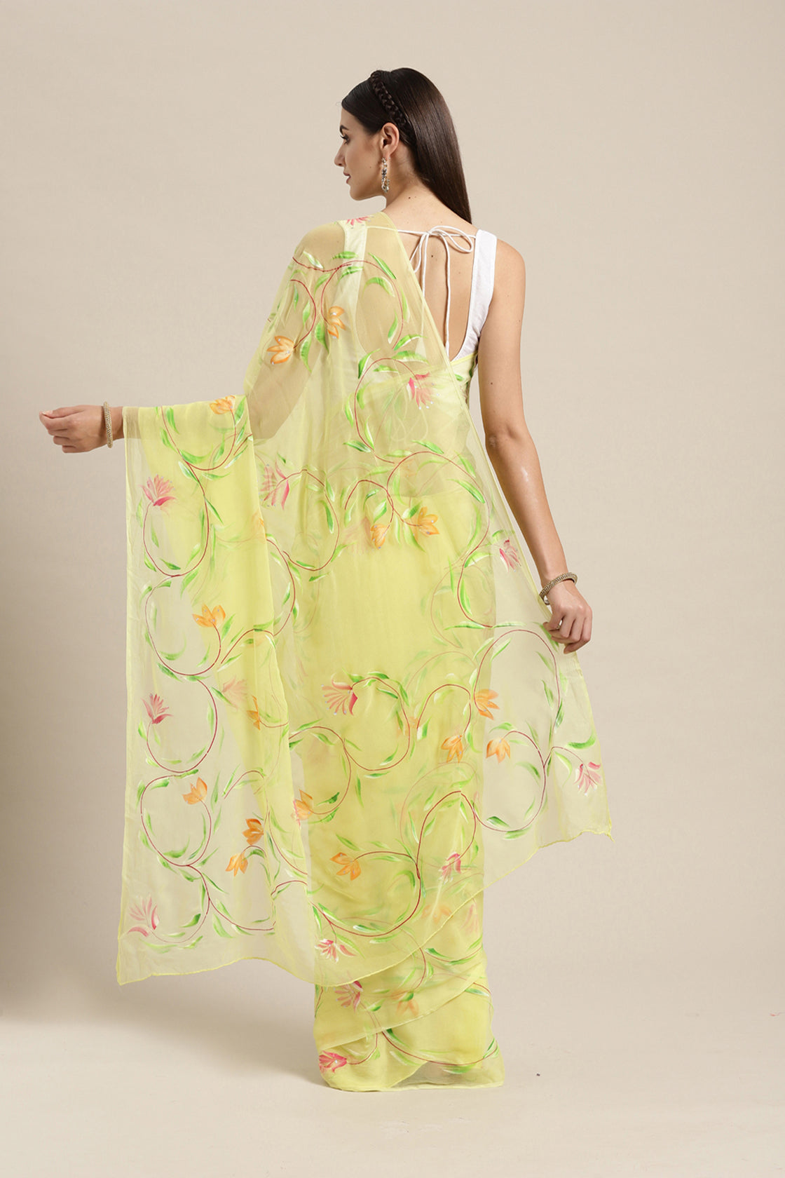 Yellow Hand Painted Chiffon Saree