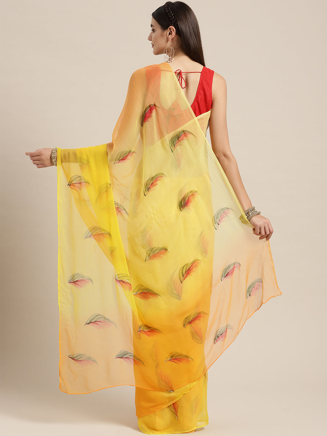 Yellow Shaded Hand Painted Chiffon Saree