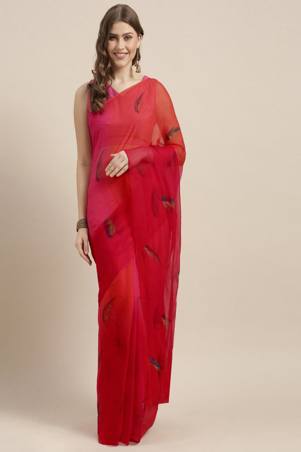 Red Shaded Hand Painted Chiffon Saree